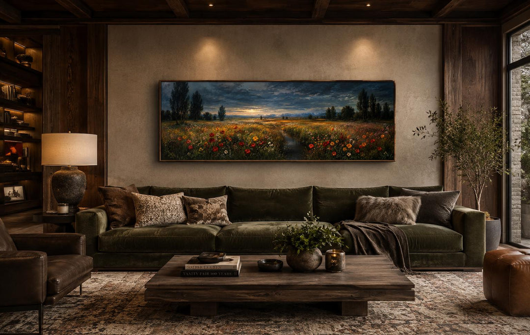 Panoramic wildflower meadow painting at dusk in a gold frame above a green velvet sofa.
