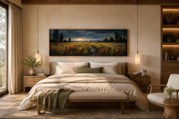 Wildflower meadow at dusk canvas wall art in a slim gold frame hanging above a bed.
