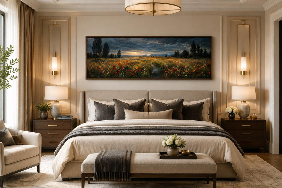 Horizontal canvas of a wildflower meadow at dusk with a moody sky, hung above a neutral bed.