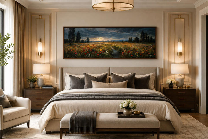 Horizontal canvas of a wildflower meadow at dusk with a moody sky, hung above a neutral bed.