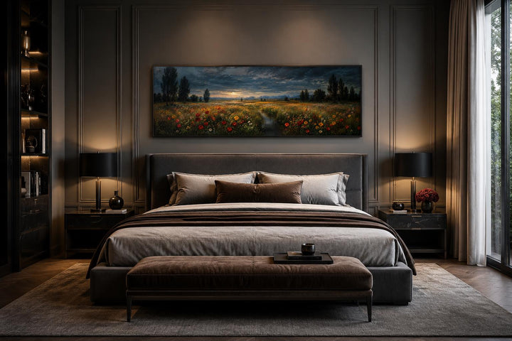 Wide horizontal canvas of a wildflower meadow at dusk with a moody sky hanging above a bed.
