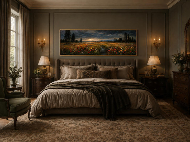 Horizontal wildflower meadow at dusk canvas print in a gold frame hanging above a tufted bed.