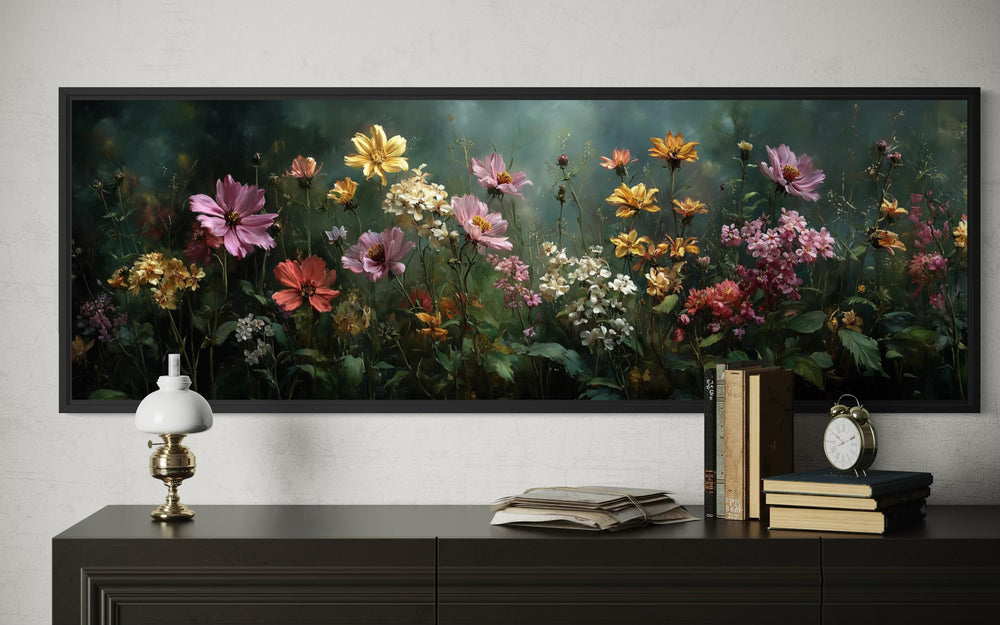 Wide horizontal canvas print of a colorful wildflower meadow against a dark green background.