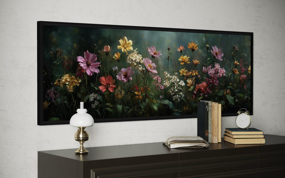 Wide horizontal canvas print of a colorful wildflower meadow against a dark green background.