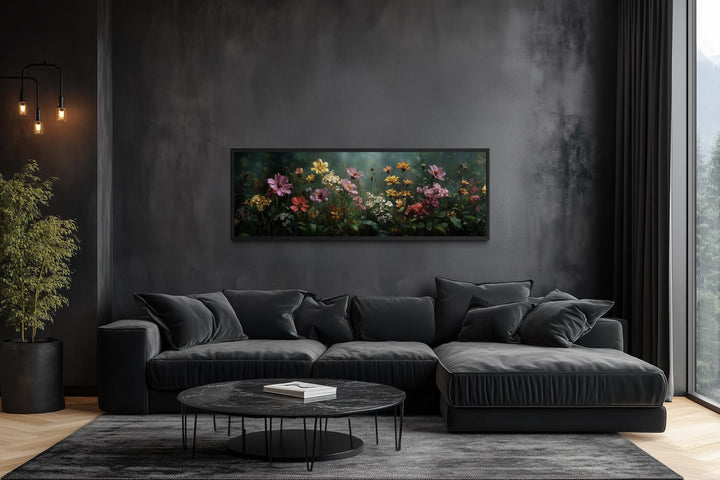 Wide horizontal canvas print of a colorful wildflower meadow on a dark green background.
