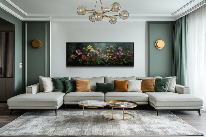 Wide horizontal canvas print of a colorful wildflower meadow against a dark green background.