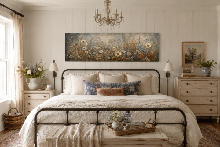 A long narrow canvas print of a neutral wildflower meadow hanging above a bed in a rustic bedroom.