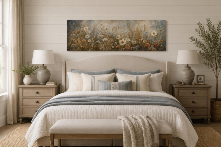 A long narrow canvas print of neutral wildflowers and daisies hanging above a bed.