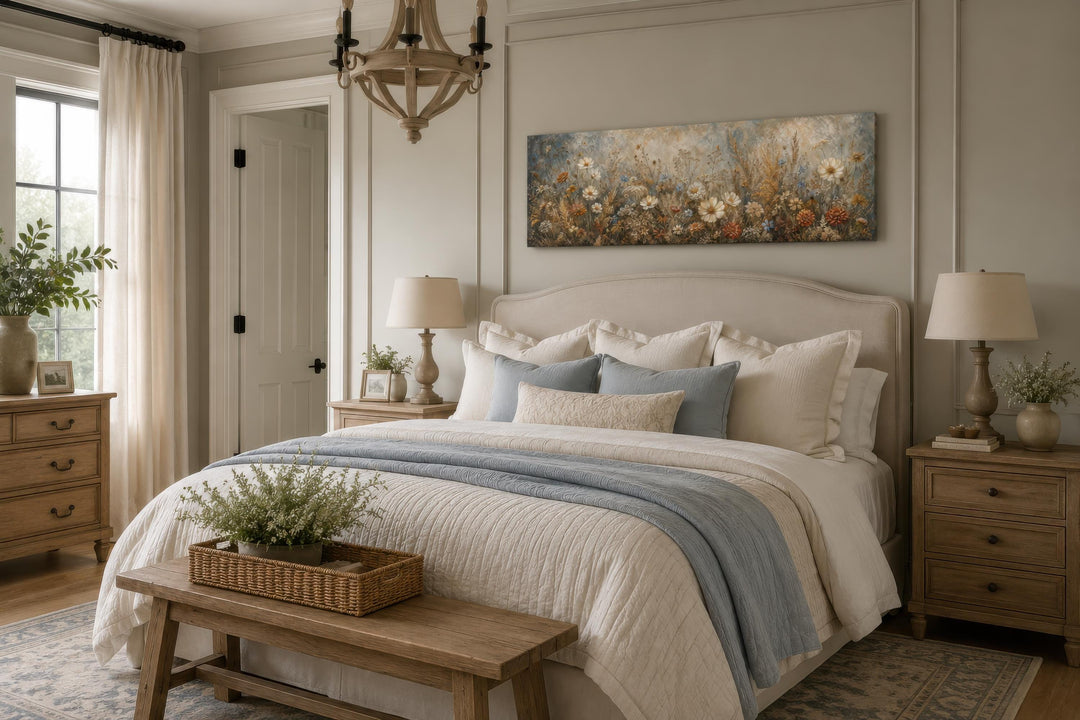 Long narrow wildflower canvas print in neutral tones hanging above a bed in a serene bedroom.