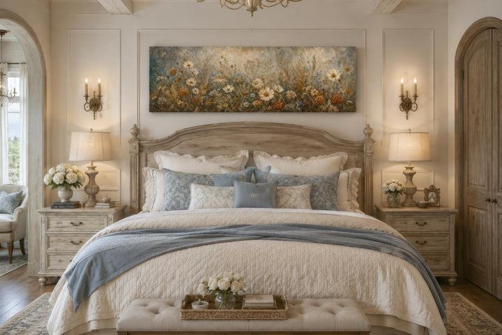 Long narrow wildflower canvas print in neutral tones hanging above a wooden bed headboard.