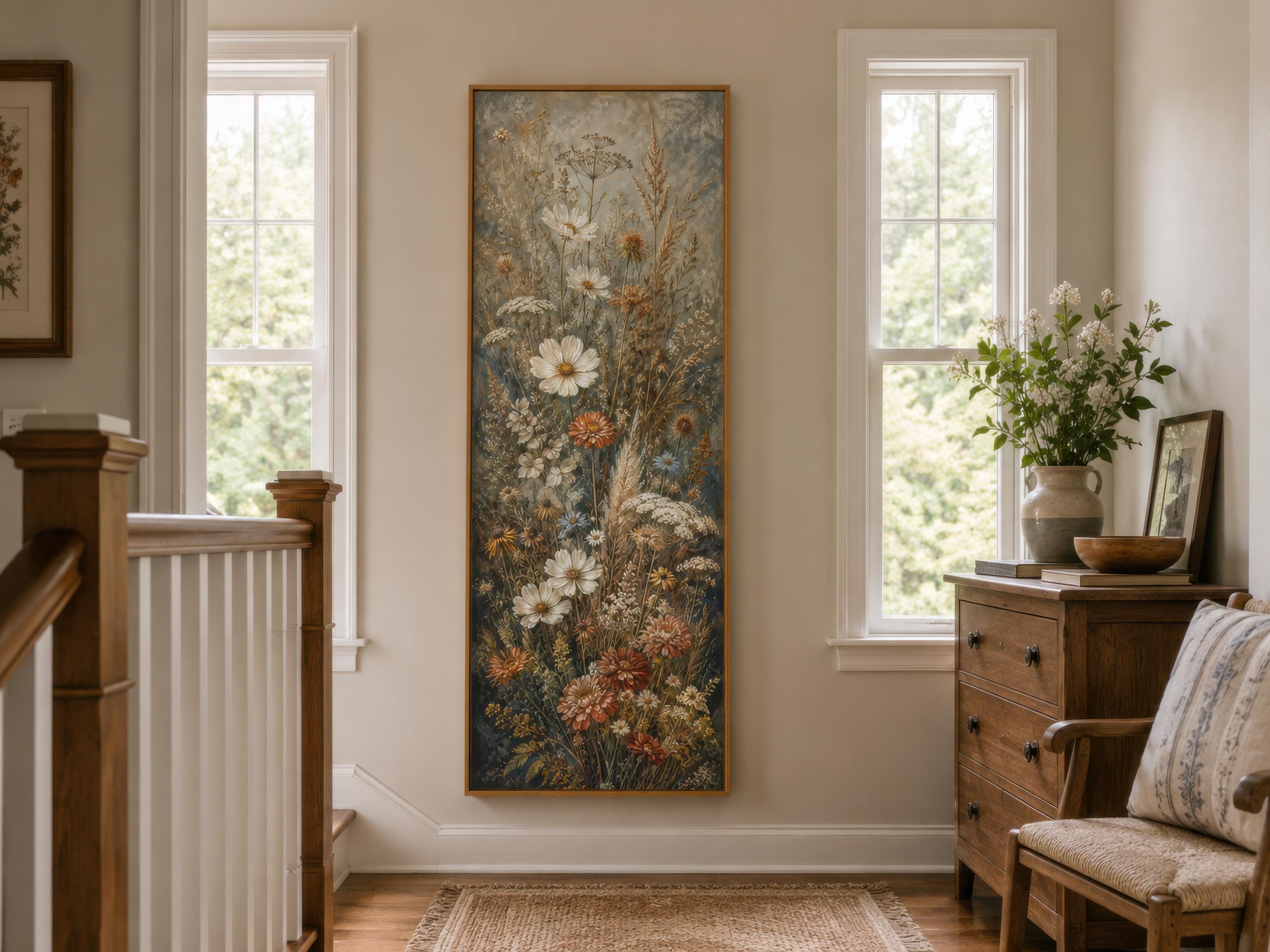 Wildflower Wall Art – Tall Vertical Canvas Print | Blue Rust Cream