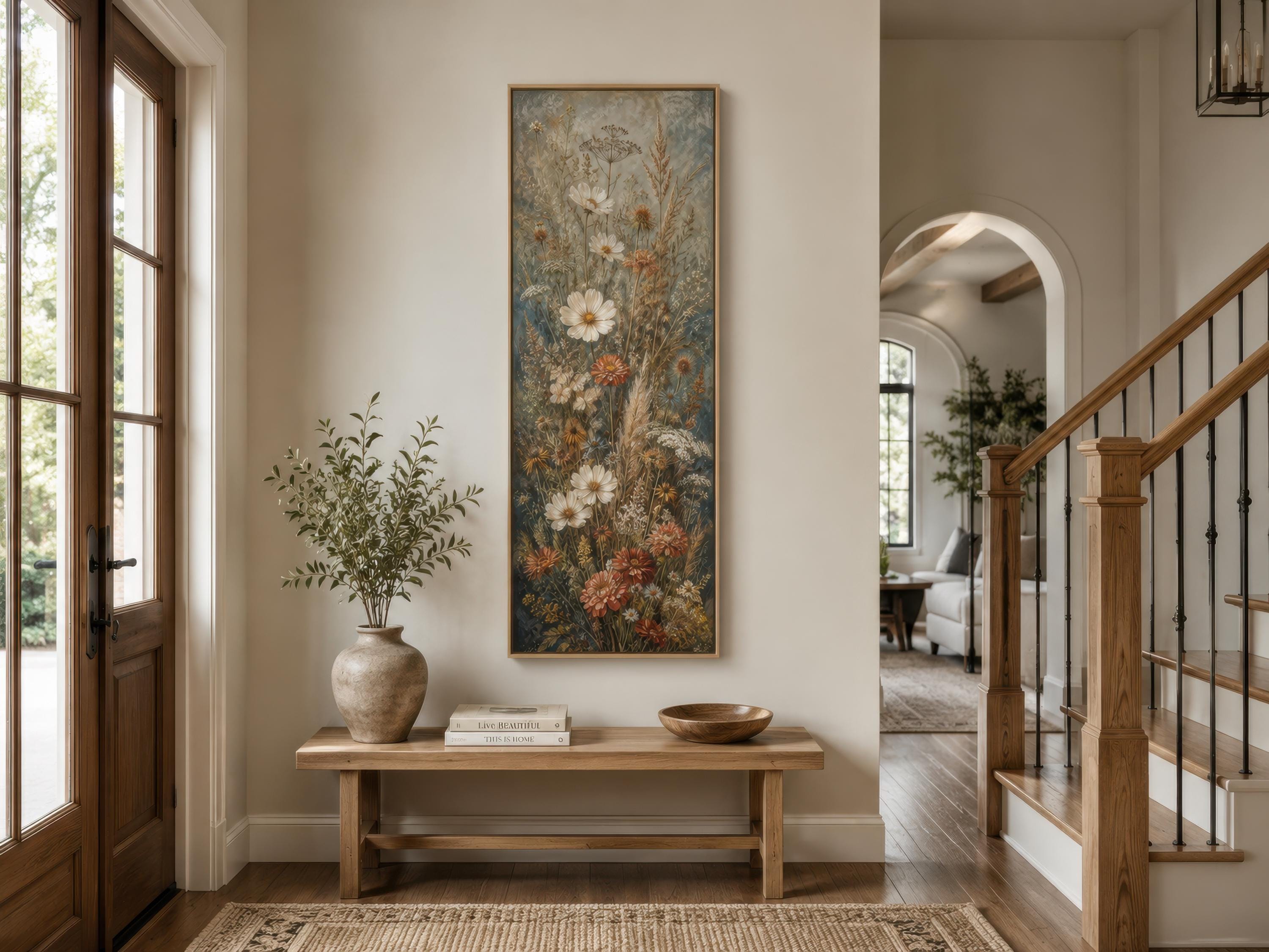 Wildflower Wall Art – Tall Vertical Canvas Print | Blue Rust Cream