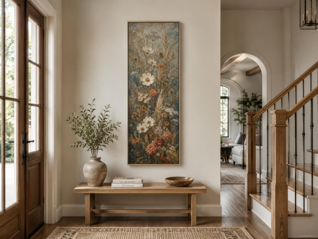 Tall vertical canvas print of blue, rust, and cream wildflowers in a painterly botanical style.