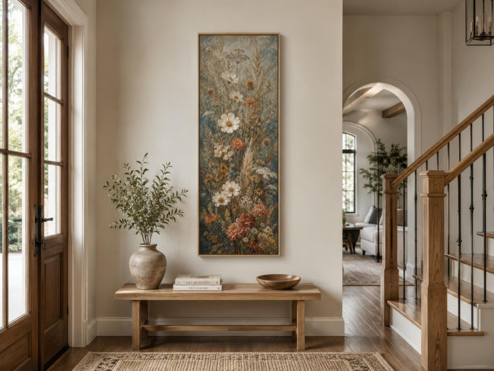 Tall vertical canvas print of blue, rust, and cream wildflowers in a painterly botanical style.