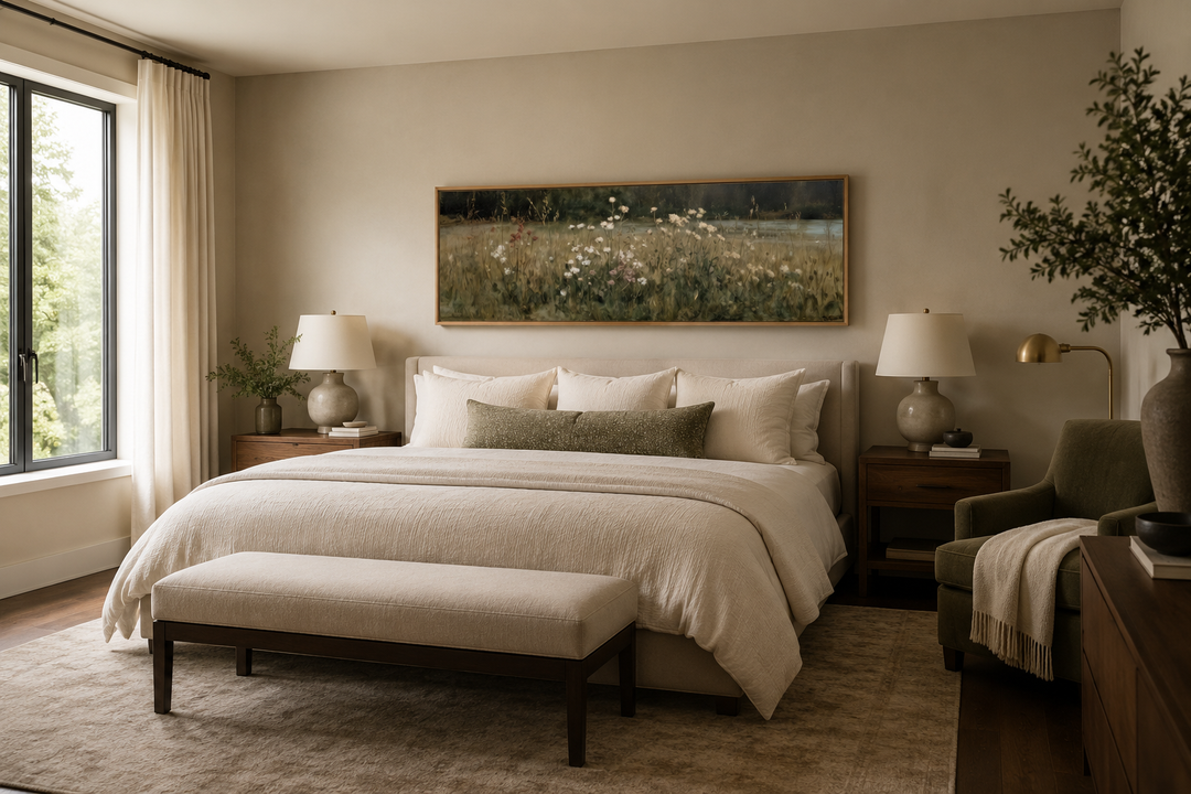 Long narrow wildflower meadow canvas art hanging above a bed in a neutral-toned bedroom.