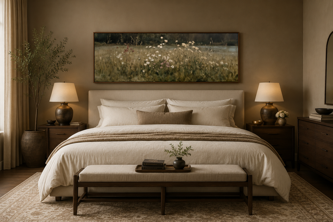 Long narrow wildflower meadow canvas art in neutral tones hanging above a bed in a cozy bedroom.
