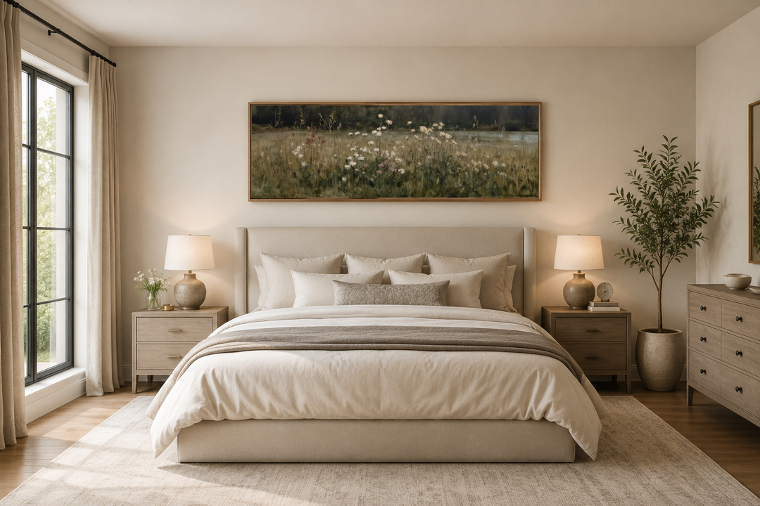 Long narrow wildflower meadow canvas art in a neutral bedroom above a beige upholstered headboard.
