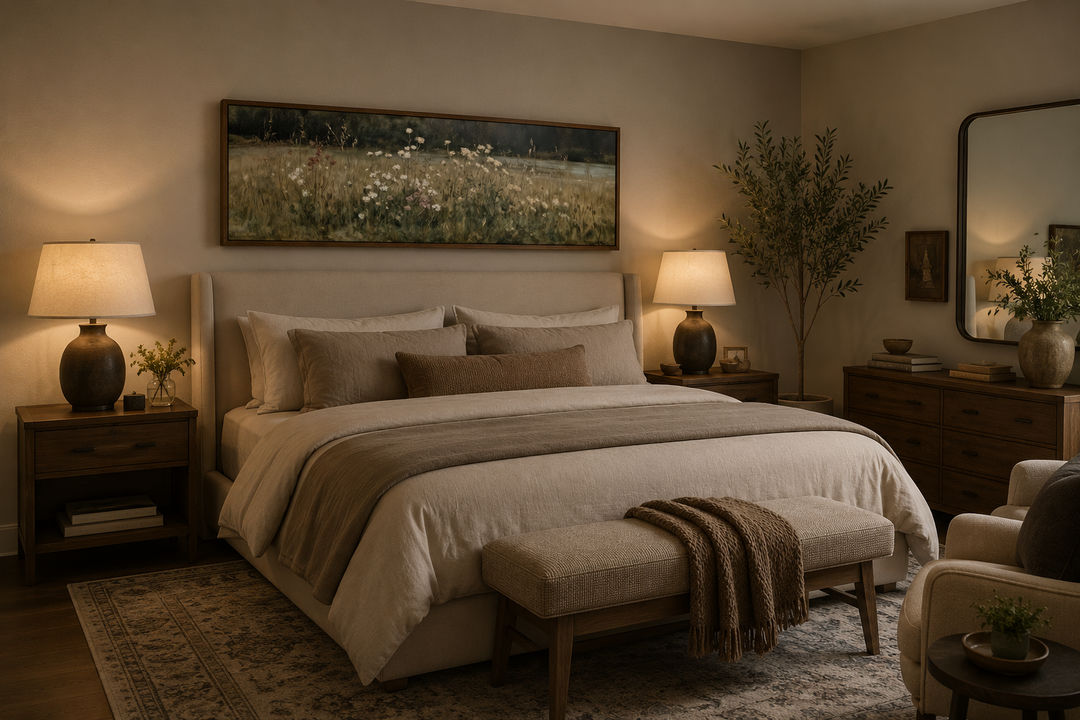 Wildflower Meadow Wall Art, a long narrow neutral landscape canvas hanging above a bed.
