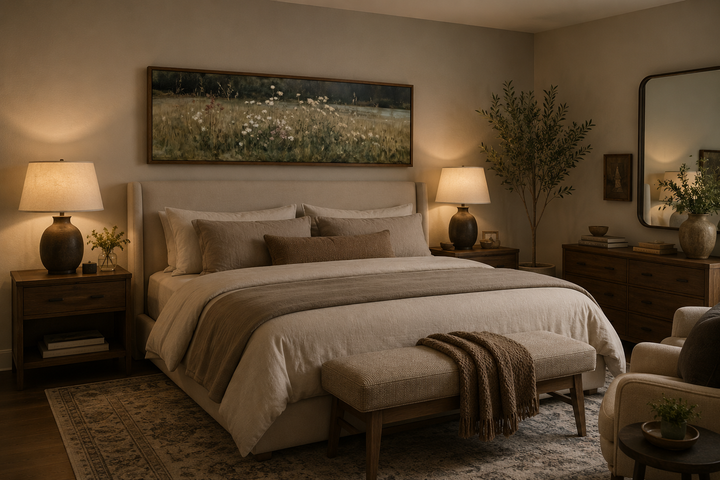 Wildflower Meadow Wall Art, a long narrow neutral landscape canvas hanging above a bed.