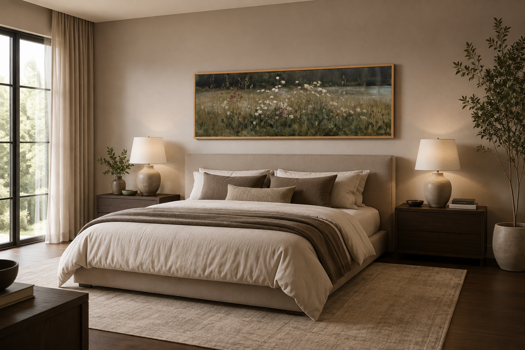 Long narrow canvas art of a wildflower meadow in neutral tones hanging above a bed.