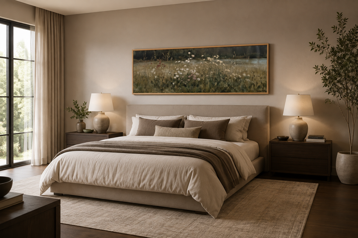 Long narrow canvas art of a wildflower meadow in neutral tones hanging above a bed.