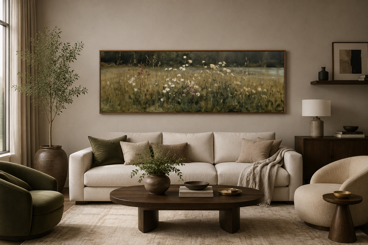 Long narrow canvas print of a wildflower meadow in muted beige and olive tones above a sofa.