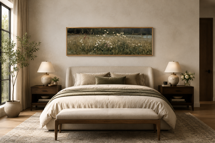 Long narrow wildflower meadow canvas print in a neutral landscape style hanging above a bed.