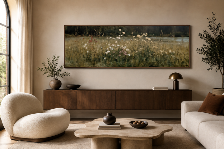 Long narrow canvas print of a wildflower meadow in muted neutral tones above a wooden sideboard.