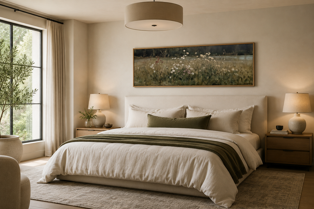 Long narrow canvas art of a wildflower meadow in neutral tones hanging above a bed.