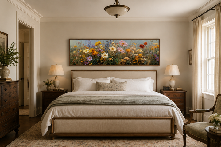 Long horizontal painting of colorful wildflowers in a wooden frame above a bed in a bedroom.