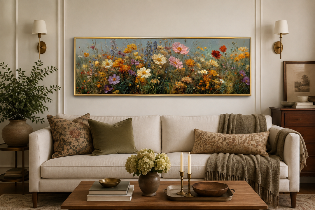 Long horizontal painting of colorful wildflowers in a gold frame above a cream sofa.