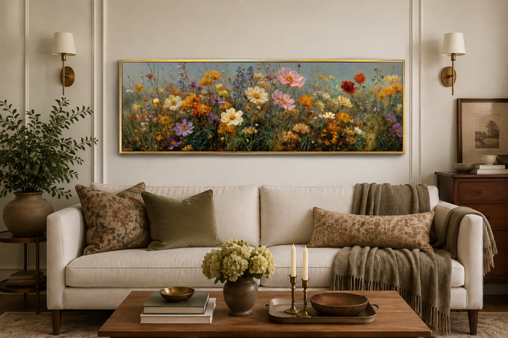 Long horizontal painting of colorful wildflowers in a gold frame above a cream sofa.