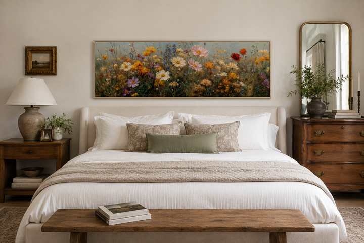 Long horizontal painting of colorful wildflowers in a field, hanging above a bed in a bedroom.