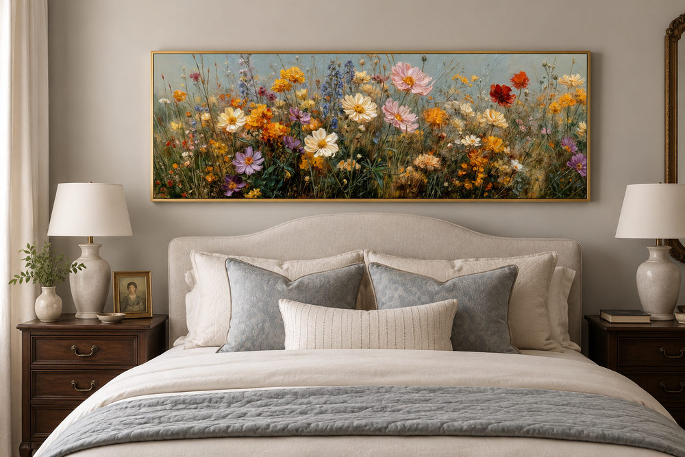Long horizontal painting of colorful wildflowers in a gold frame above a bed in a neutral bedroom.