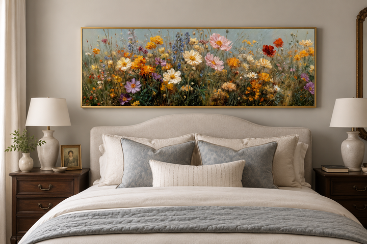 Long horizontal painting of colorful wildflowers in a gold frame above a bed in a neutral bedroom.