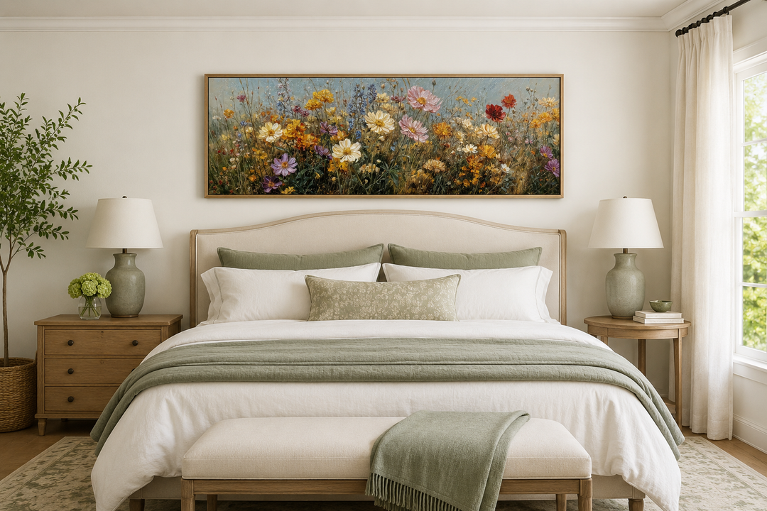 Long horizontal painting of colorful wildflowers in a gold frame above a bed in a neutral bedroom.
