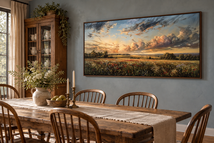 Antique wildflowers field sunset landscape canvas wall art in a walnut frame over a dining table.
