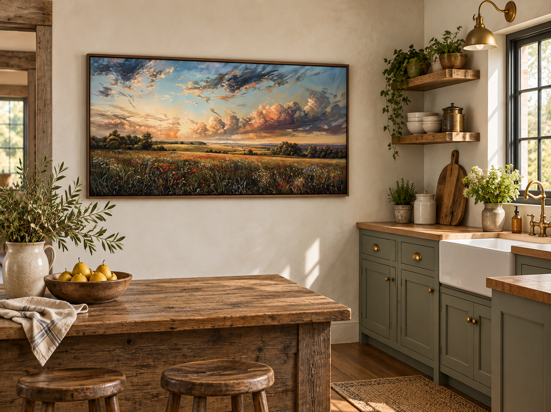 Antique wildflowers field sunset landscape canvas wall art in a walnut frame in a rustic kitchen.
