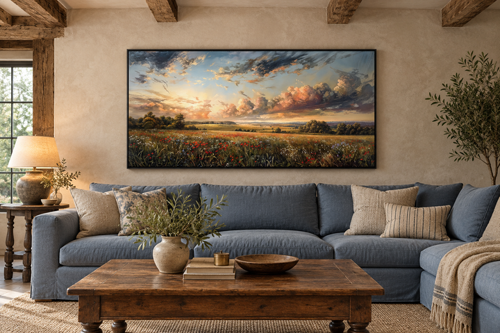 Antique wildflowers field sunset landscape canvas wall art in a black frame above a blue sofa.