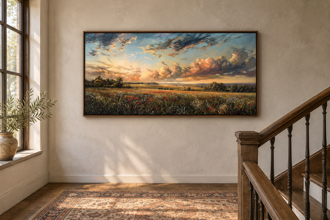 Antique wildflowers field sunset landscape canvas wall art in a walnut frame on a neutral wall.