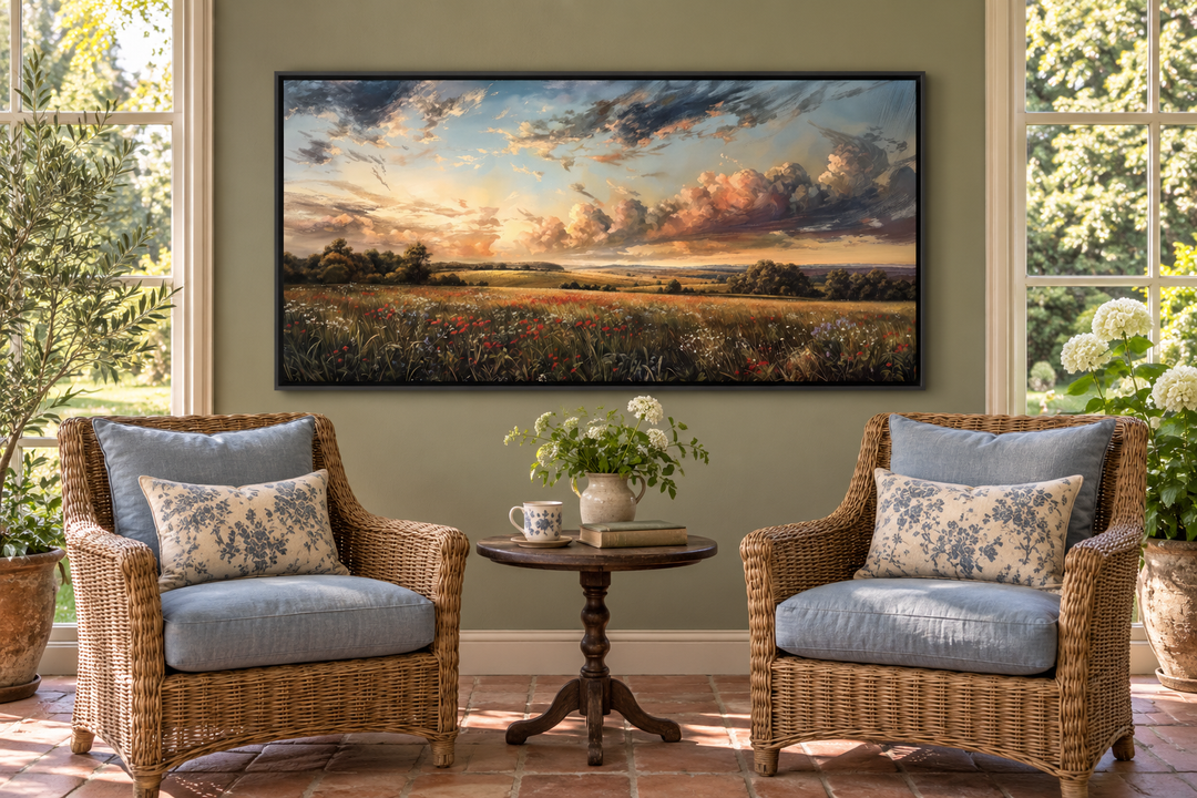 Antique wildflowers field sunset landscape canvas wall art in a black frame above wicker chairs.
