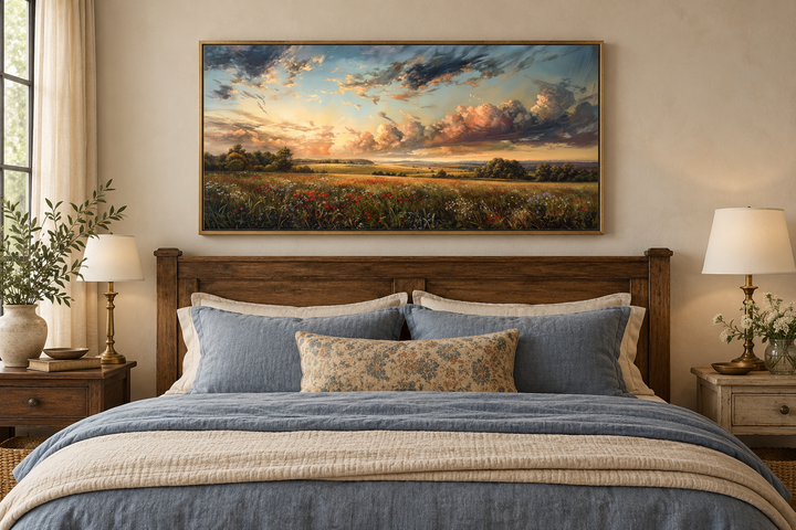 Antique wildflowers field sunset landscape canvas wall art in a gold frame above a wooden bed.