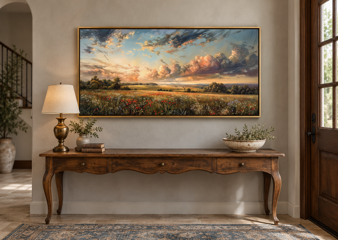 Antique wildflowers field sunset landscape canvas wall art in a gold frame above a wooden console.