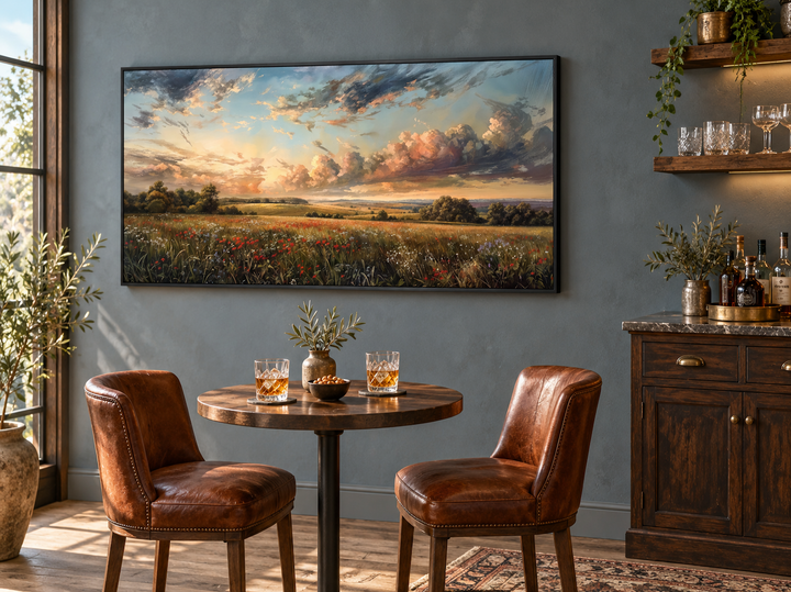 Antique wildflowers field sunset landscape canvas wall art in a black frame above a bistro table.
