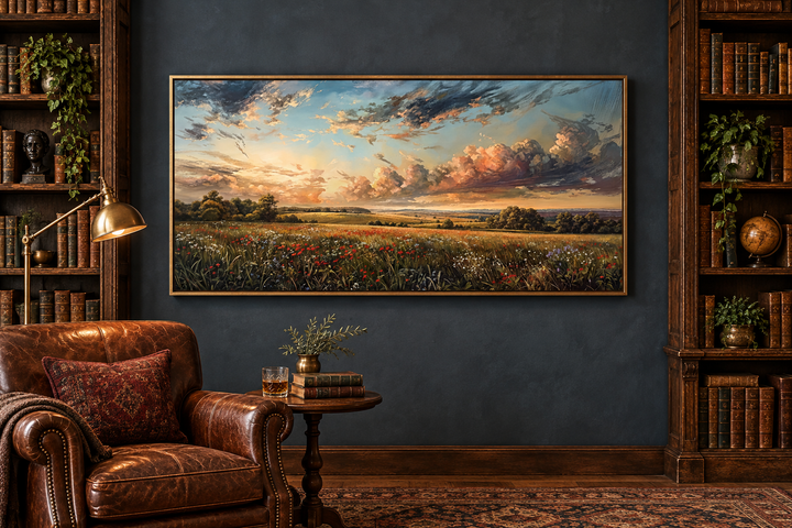 Antique wildflowers field sunset landscape canvas wall art in a gold frame on a dark blue wall.