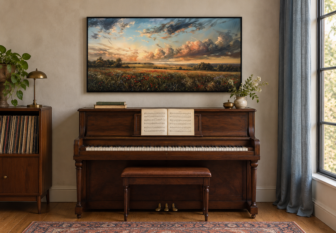 Antique wildflowers field sunset landscape canvas wall art in a black frame above a wooden piano.