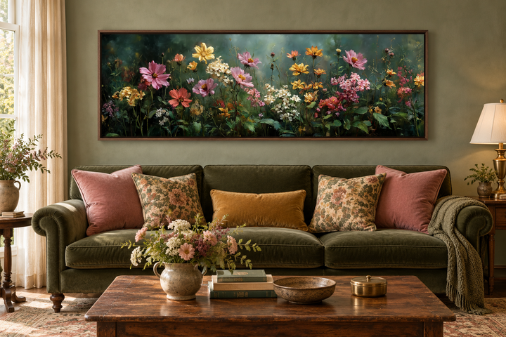 Wide horizontal canvas print of a colorful wildflower meadow against a deep green background.