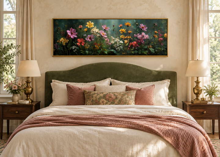 Wide horizontal wildflower canvas art with a green background above a bed in a cozy bedroom.