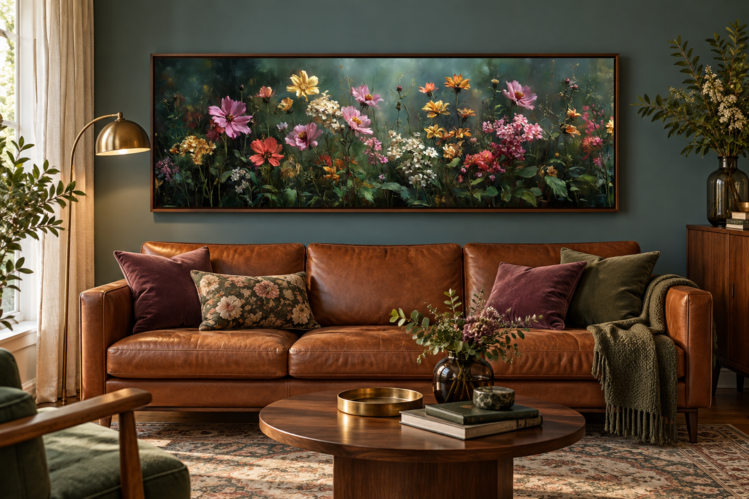 Wide horizontal canvas of a wildflower meadow with pink and yellow blooms on a dark green wall.