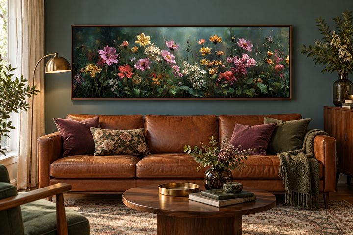 Wide horizontal canvas of a wildflower meadow with pink and yellow blooms on a dark green wall.